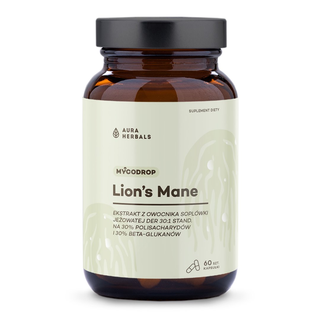 AURA HERBALS Mycodrop, Lion’s Mane 30:1, 30% beta-glukan (60 kaps.)