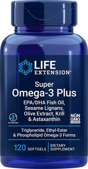 LIFE EXTENSION Super Omega-3 Plus EPA/DHA z Lignanami Sezamowymi, Ekstraktem z Oliwek, Olejem z Kryla i Astaksantyną (120 kaps.)